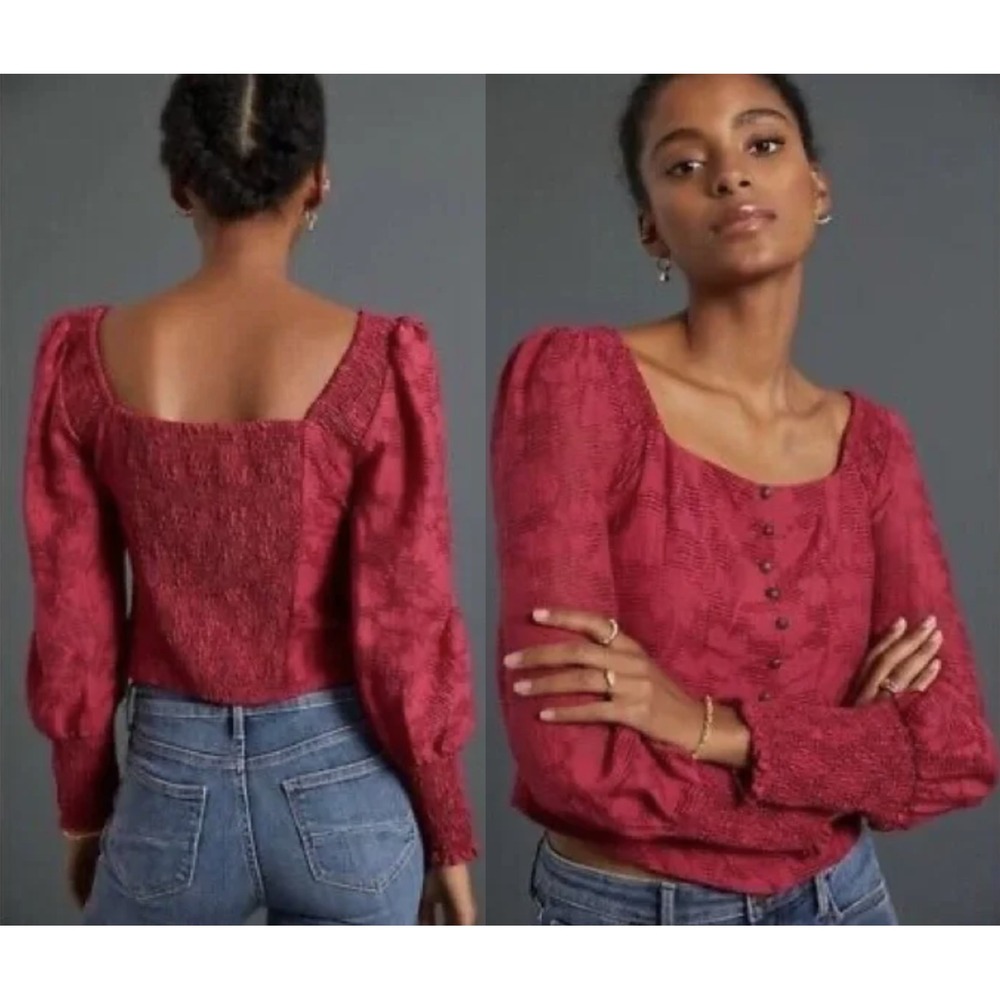 Anthropologie Womens M Shirt Top Sheer Puff Sleeve Smocked Corset Raspberry $120
